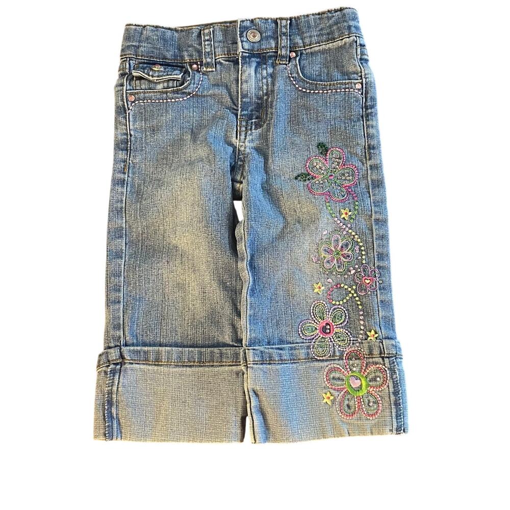 Y2k Arizona Jean cropped cuffed floral embroidered jeweled jeans SIZE 5‎